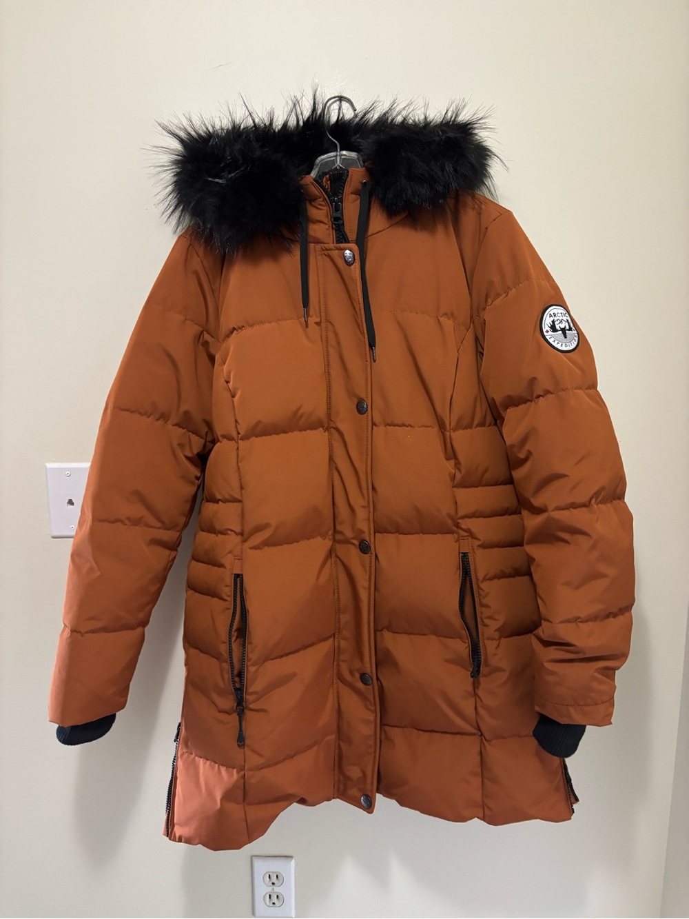 Arctic Expedition rusty Brown Down Winter Parka Faux Fur Hood Large